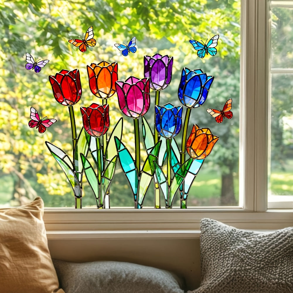 TulipFlutter | kleurrijke tulpen-vlinder raamsticker – dubbelzijdig glas-in-lood effect