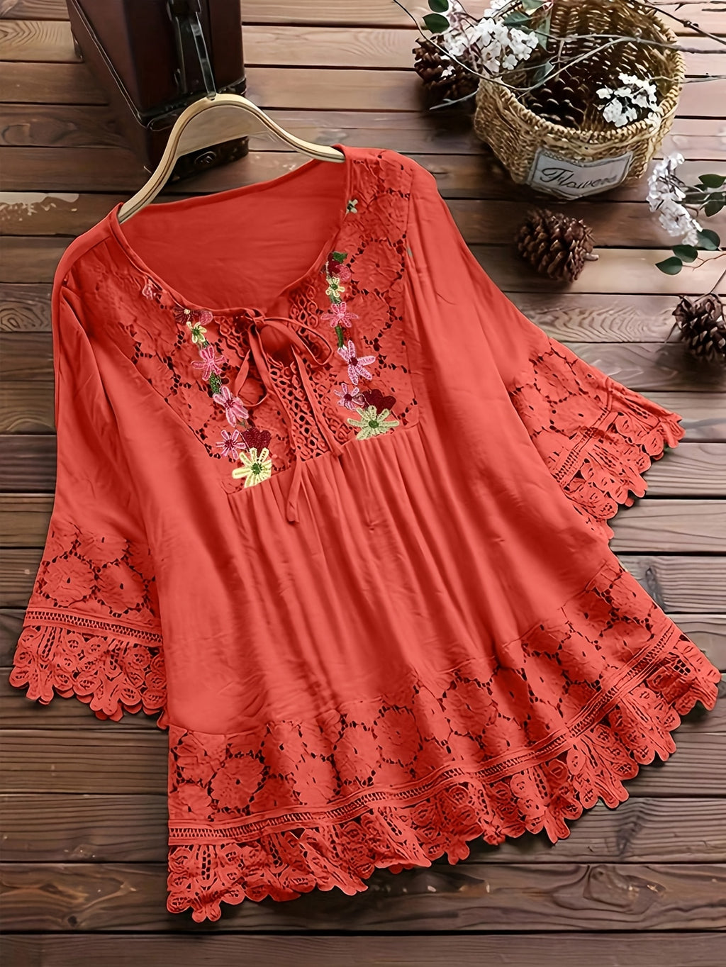 Vayla | Casual kanten damesblouse – Lente-zomerblouse met lange mouwen en patchwork
