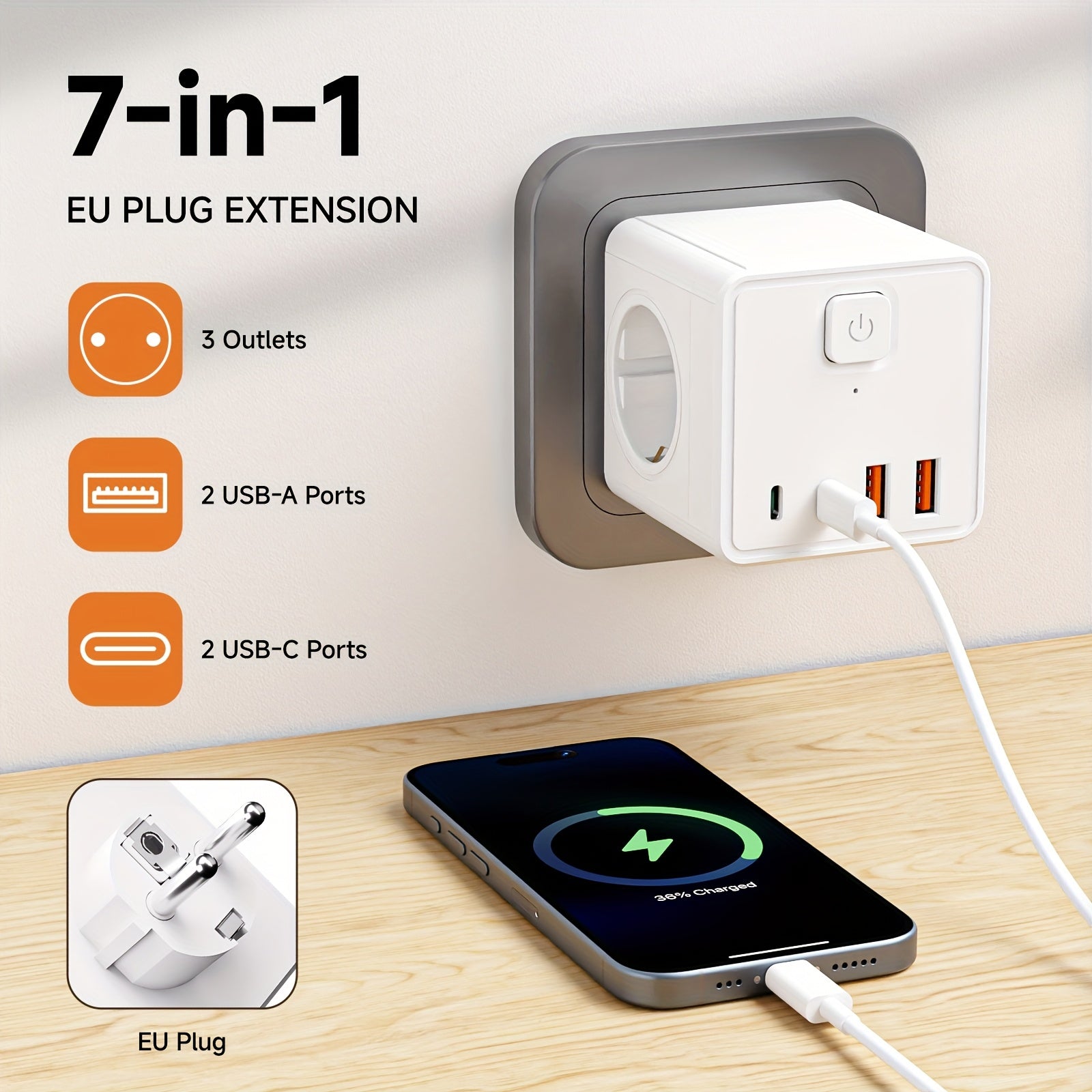 PowerPort | 7-in-1 EU Stopcontact Strip – 3 AC, 2 USB, 2 Type-C Poorten met Schakelaar, Thuis & Kantoor