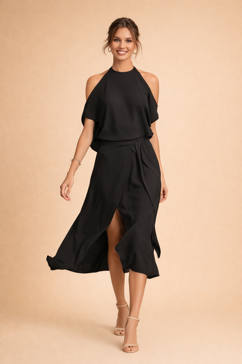 Rysa | Off-shoulder halter midi-jurk voor dames – elegante zwierige partyjurk