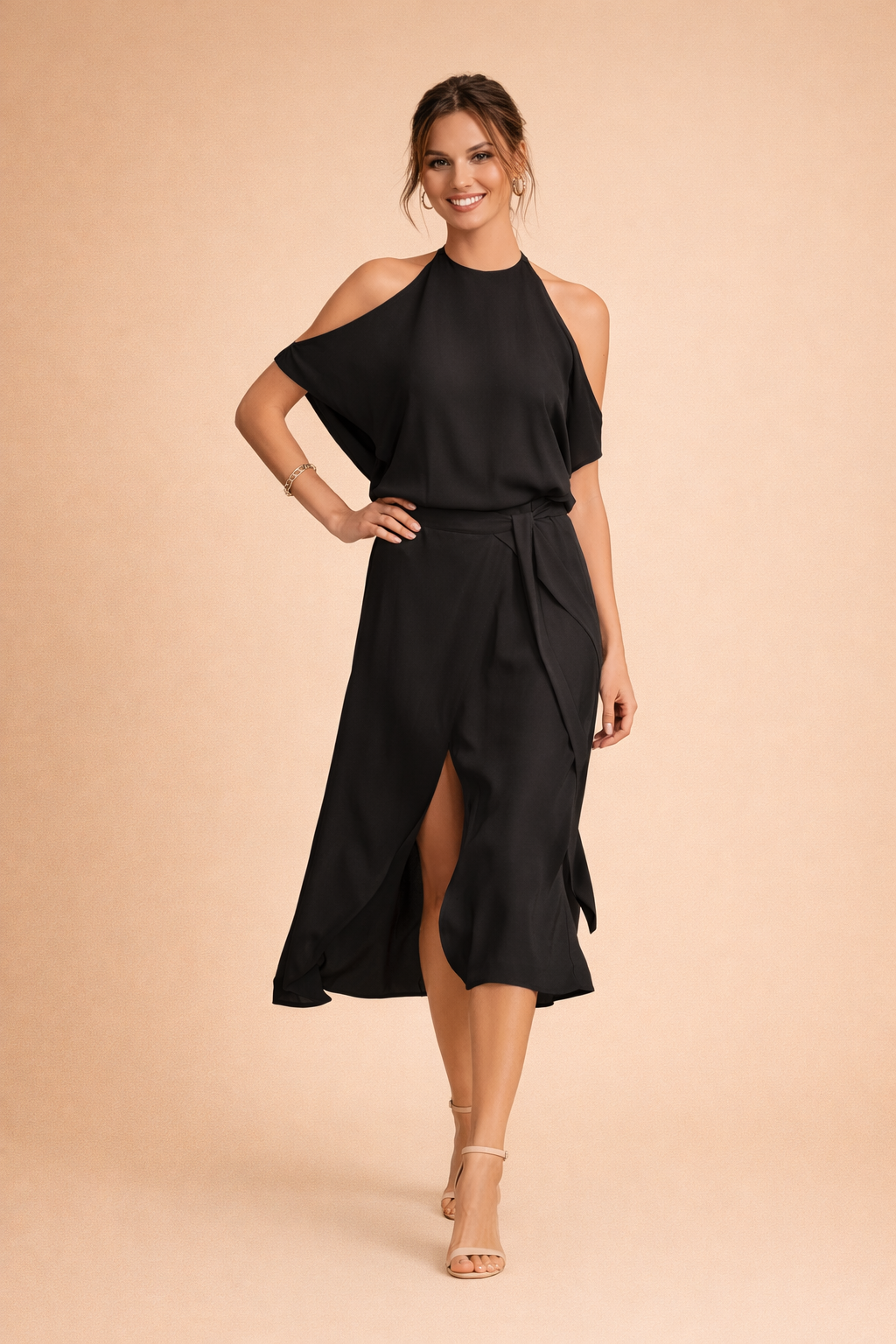 Rysa | Off-shoulder halter midi-jurk voor dames – elegante zwierige partyjurk