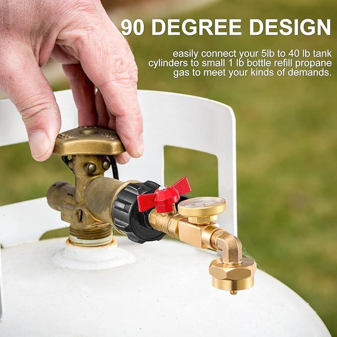 TankLink | Messing Propaan Navulbocht Adapter met Tankmeter – QCC1 90° Connector