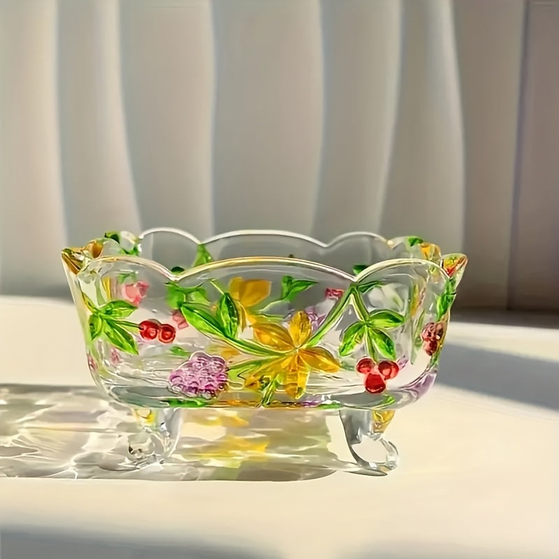 FloraBowl | Handgemaakte Vintage Glazen Snoepkom – Bloemmotief, Decoratief Voorjaarsbakje