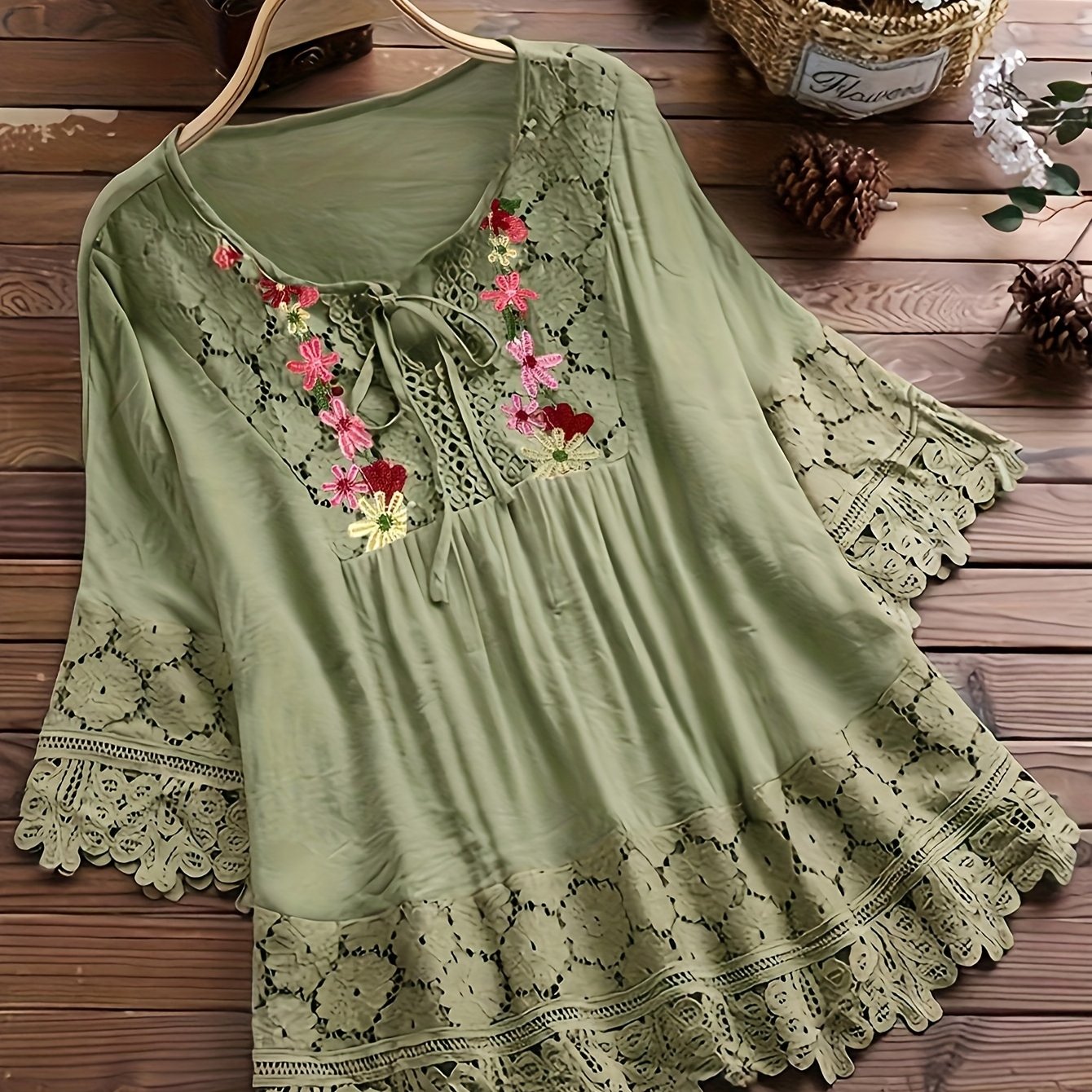 Vayla | Casual kanten damesblouse – Lente-zomerblouse met lange mouwen en patchwork