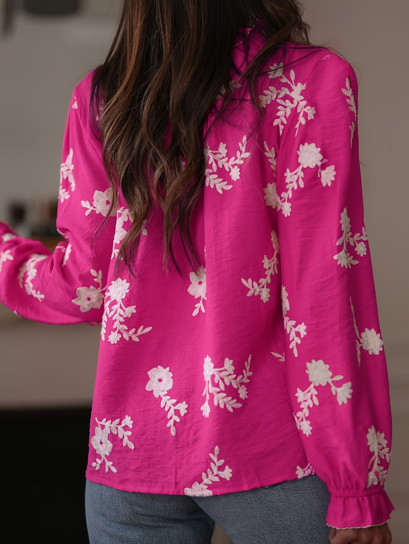Omelia | Dames casual blouse met lange mouwen, bloemenborduursel, knopen aan de voorkant