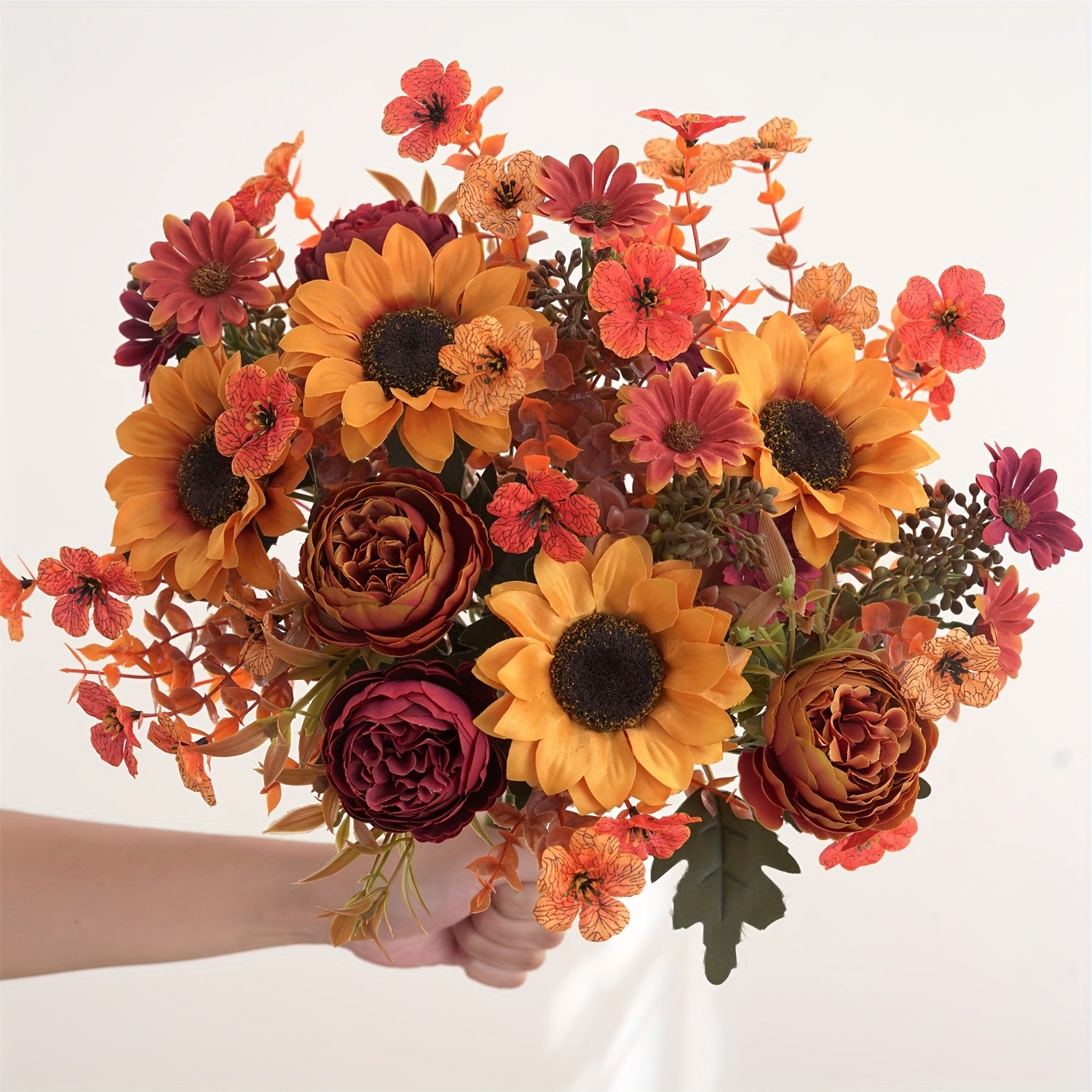 AutumnBloom | 4 stuks kunstbloemenarrangement voor de herfst – boeket met zonnebloemen, pioenrozen en madeliefjes