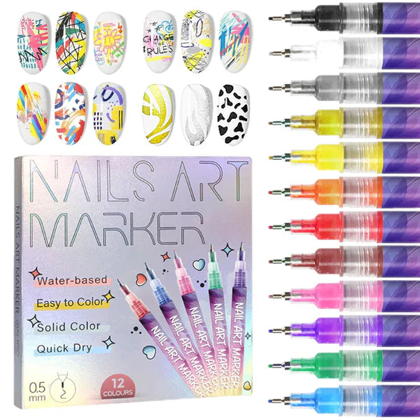 Nailixa | 12-kleuren nagelkunstpenset – Precisie-nagelontwerpmarkers