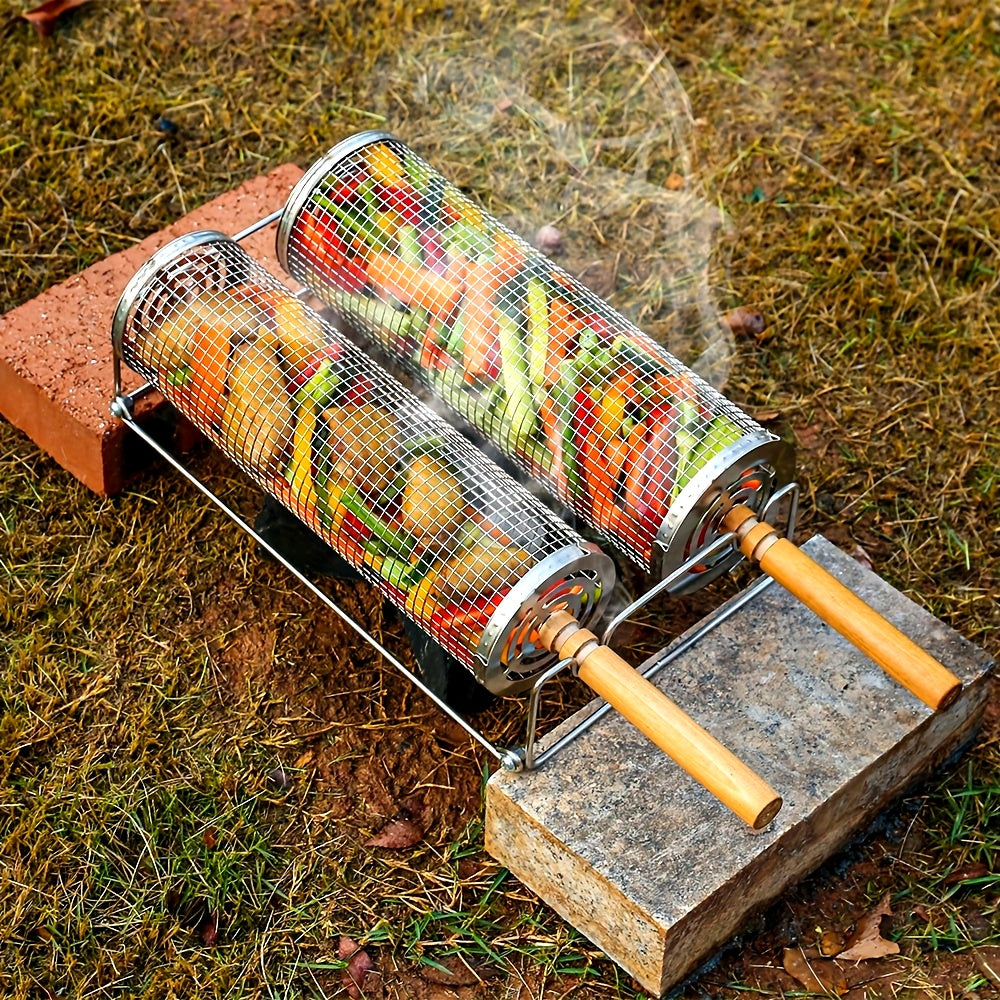 BBQSpin | RVS Grillmanden 2 stuks – Afneembare Houten Handgrepen, Rooster voor Groenten