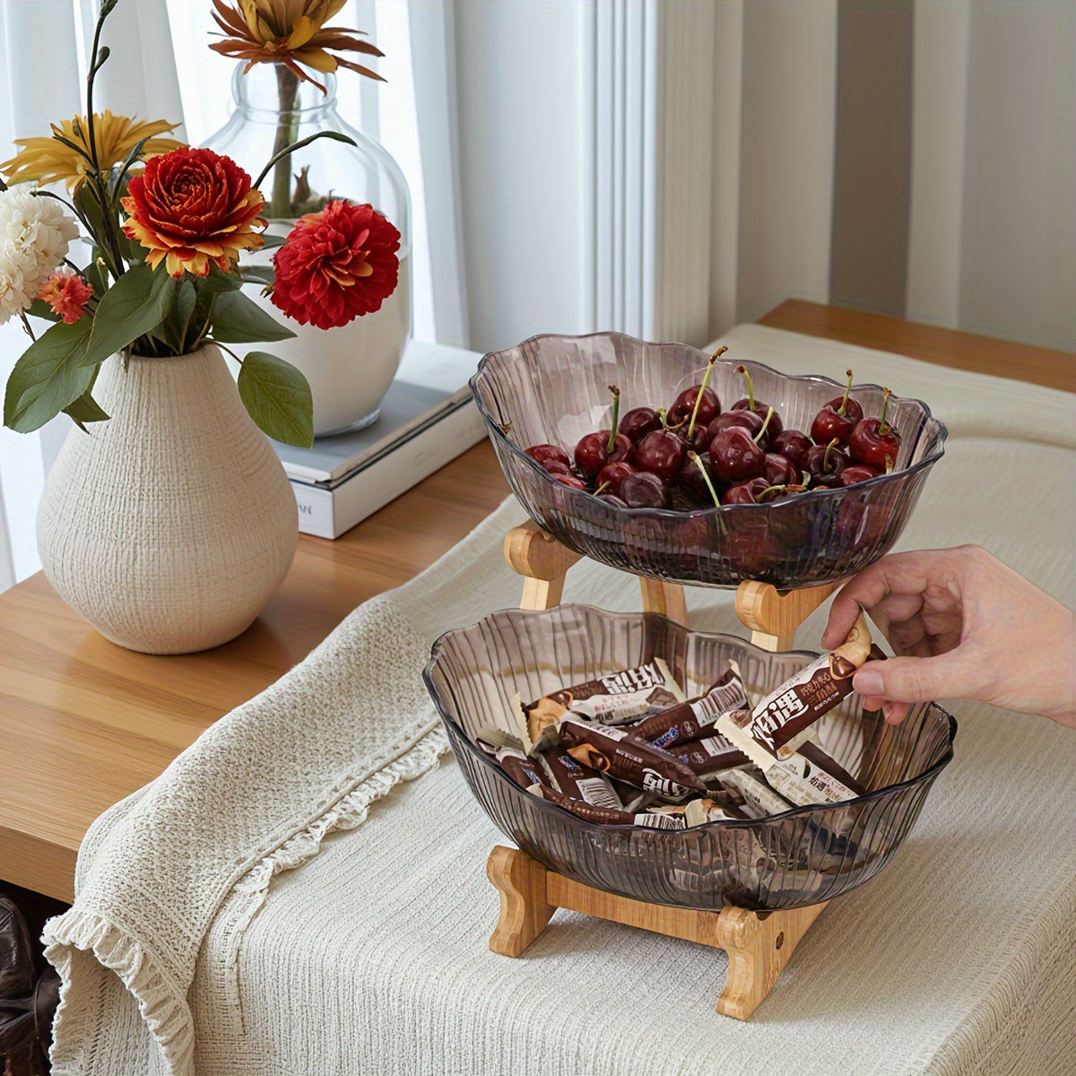 StackNest | 3-Lagen Plastic Fruit- & Snackbord – Multifunctionele Opbergtray, Gelaagde Dessertstandaard