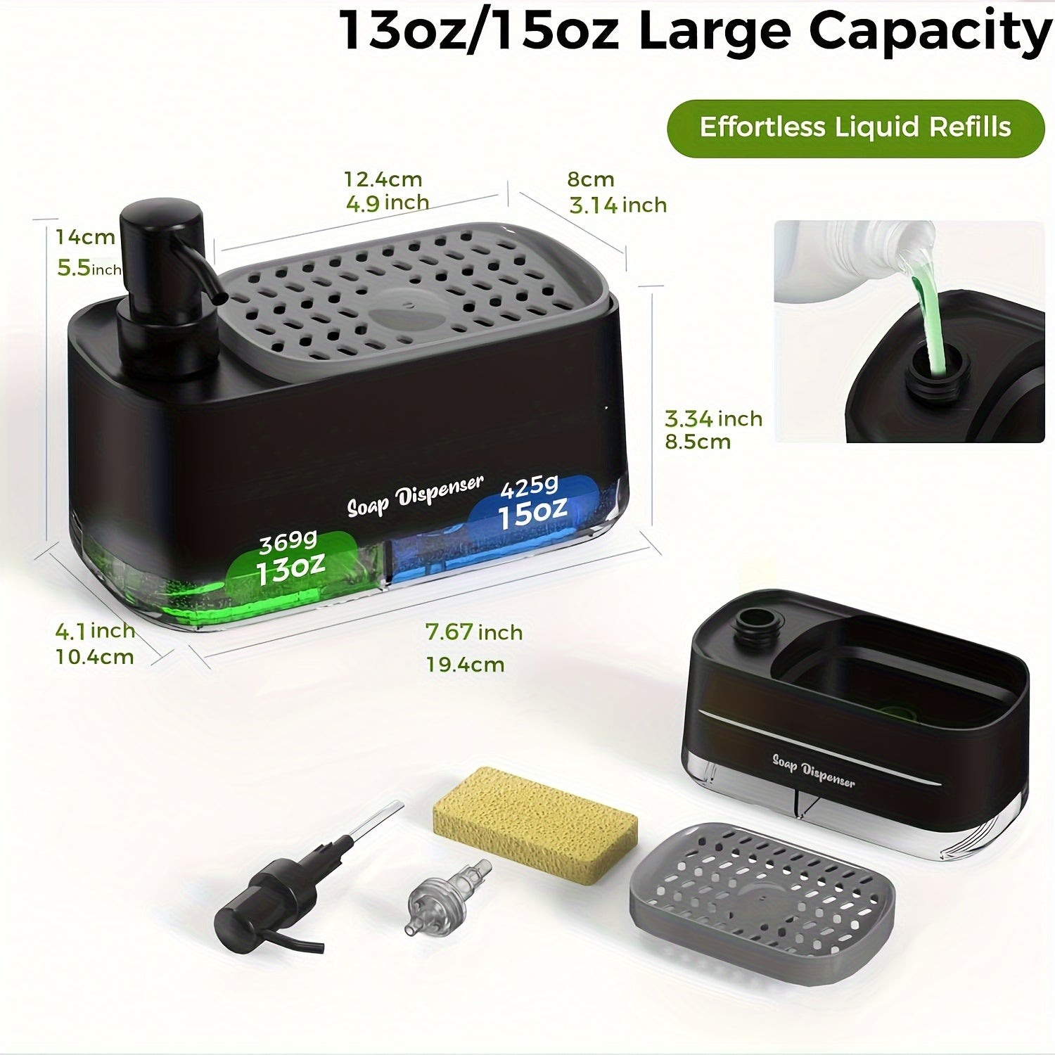 SoapVault | 4-in-1 dispenser voor afwasmiddel met sponshouder - dubbele dispenser voor hand- en afwasmiddel