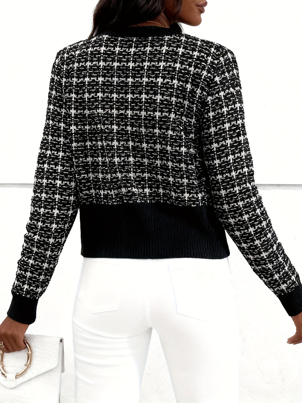 Gylora | Damesvest van geruite tweed – Gebreid vest met knopen