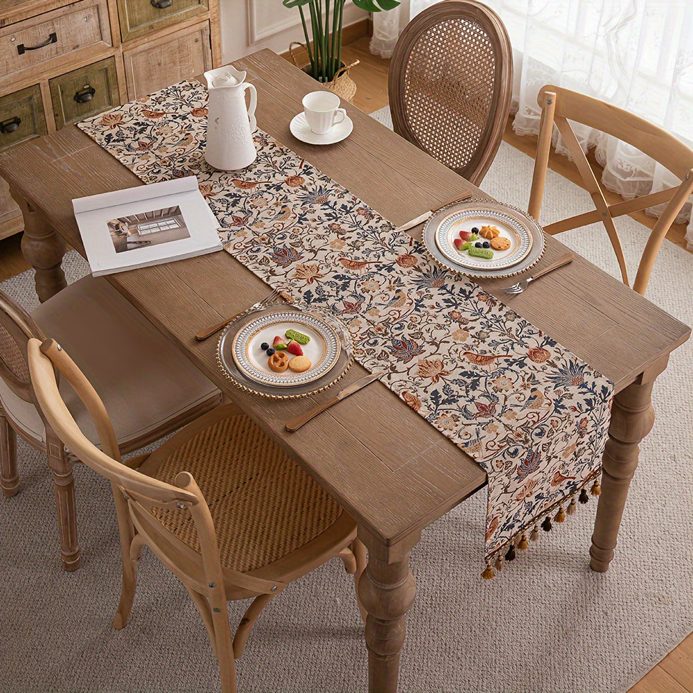 FloralVista | Vintage tafelloper met kwastjes - rustiek landelijk decoratief tafelkleed