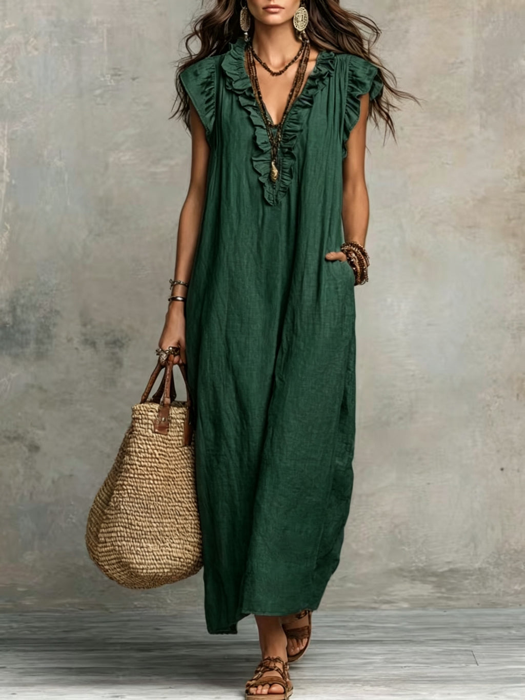 Jyra | Casual-elegante jurk voor dames – Lange, zwierige zomerjurk in boho-stijl met V-hals