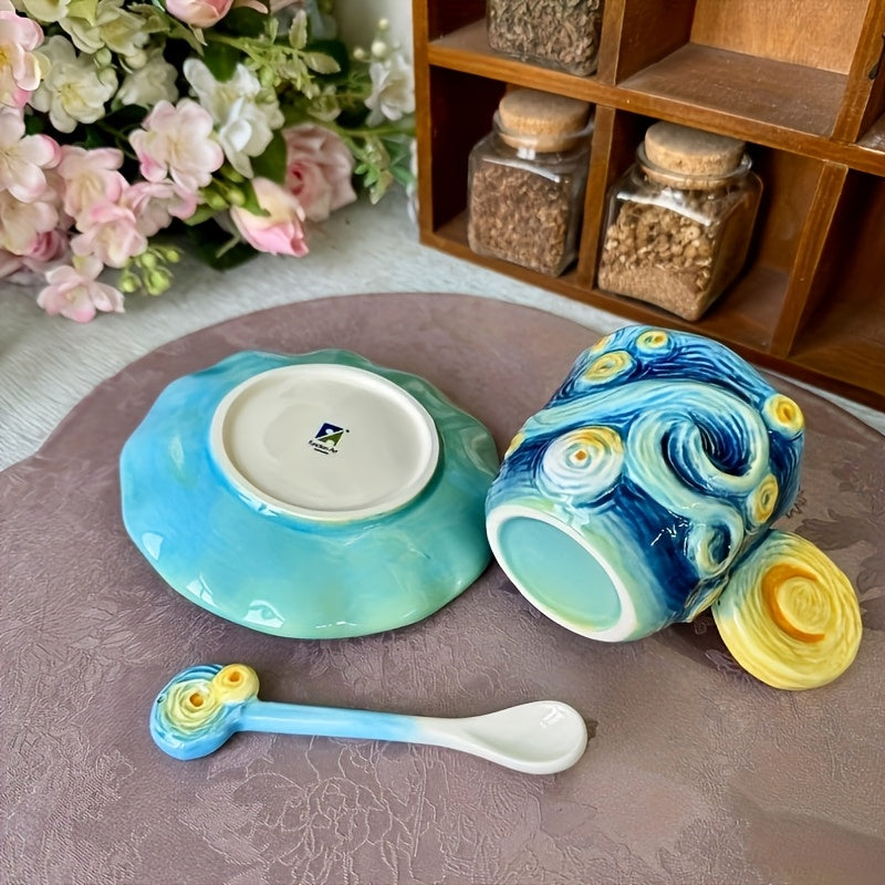 ImpreSip | Handgeschilderde Van Gogh keramische kop en schotel set – 3D zonnebloemen, irissen en sterrennachtontwerp