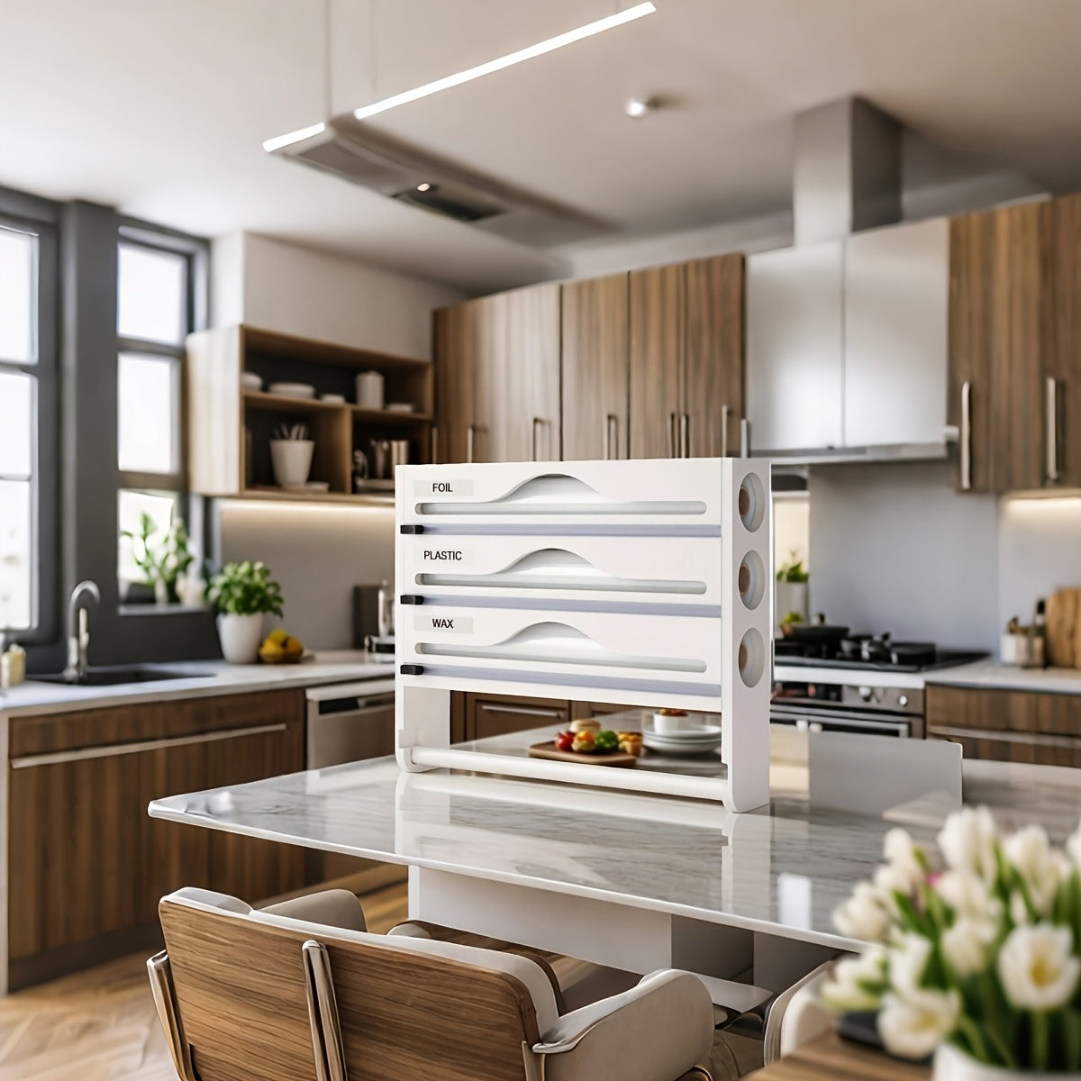 WrapRack | 3-delige bamboefoliedispenser - Keukenorganizer met keukenrolhouder, snijder en opbergrek -