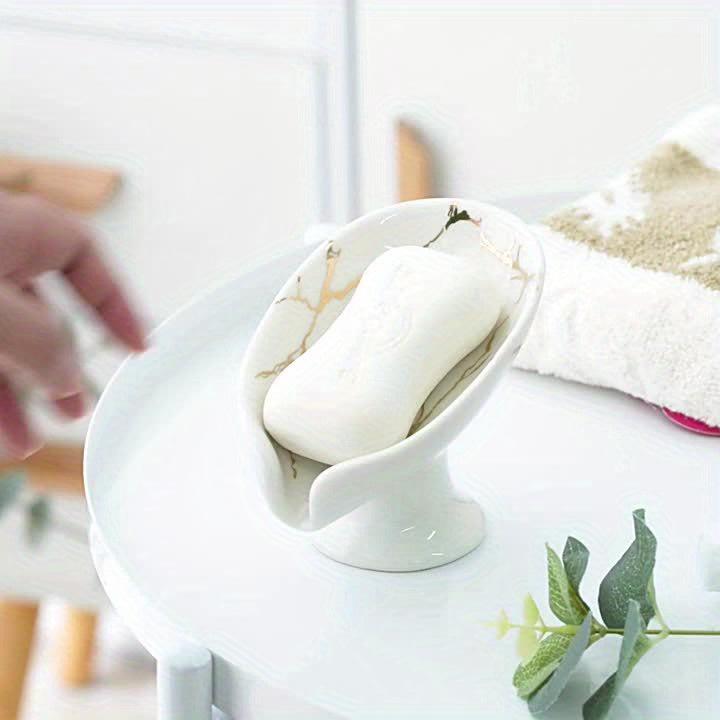 SoapLuxe | Keramisch Zelfafvoerend Zeeprek – Bladvormig Marmeren Zeepbakje