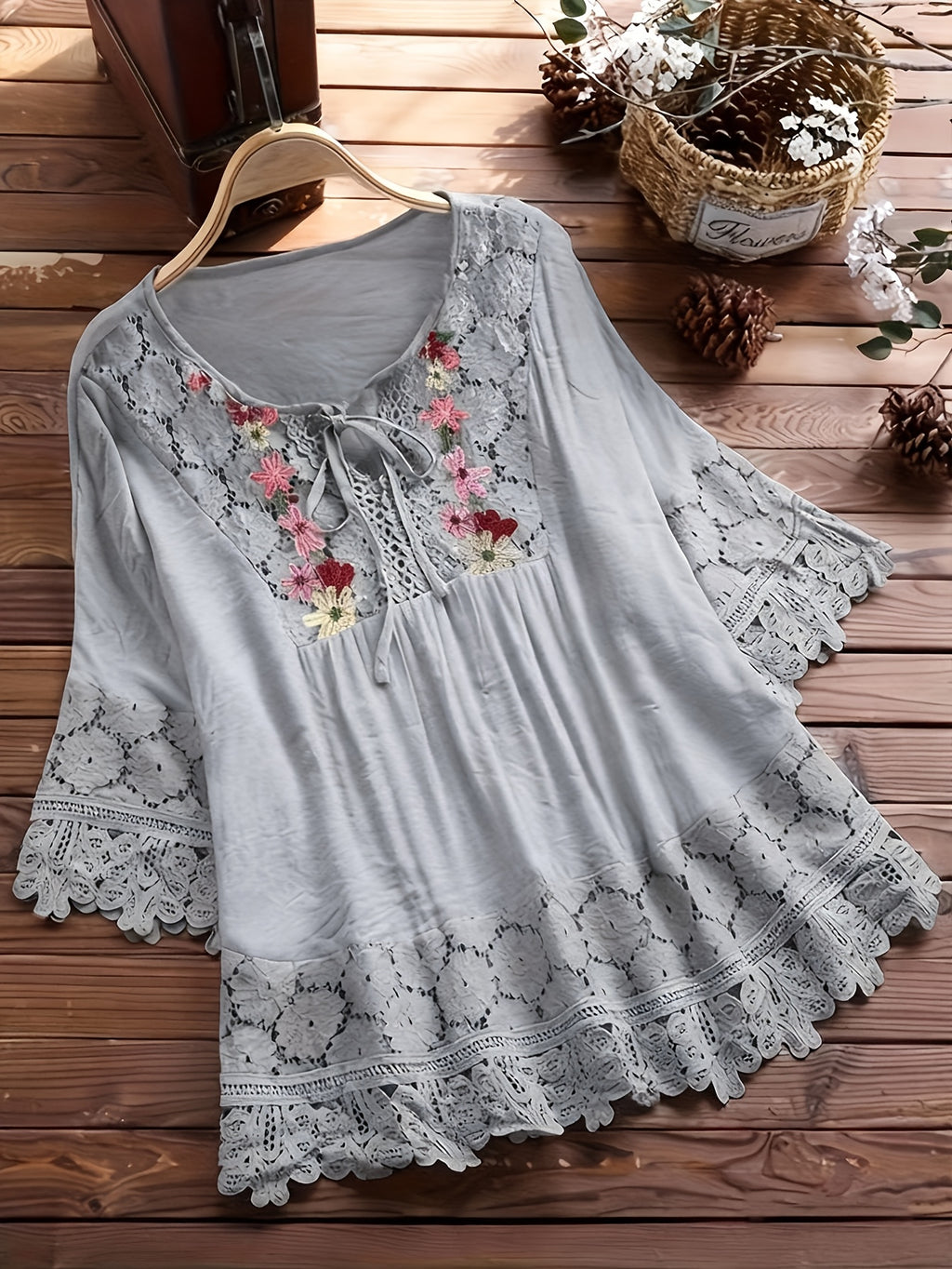 Vayla | Casual kanten damesblouse – Lente-zomerblouse met lange mouwen en patchwork