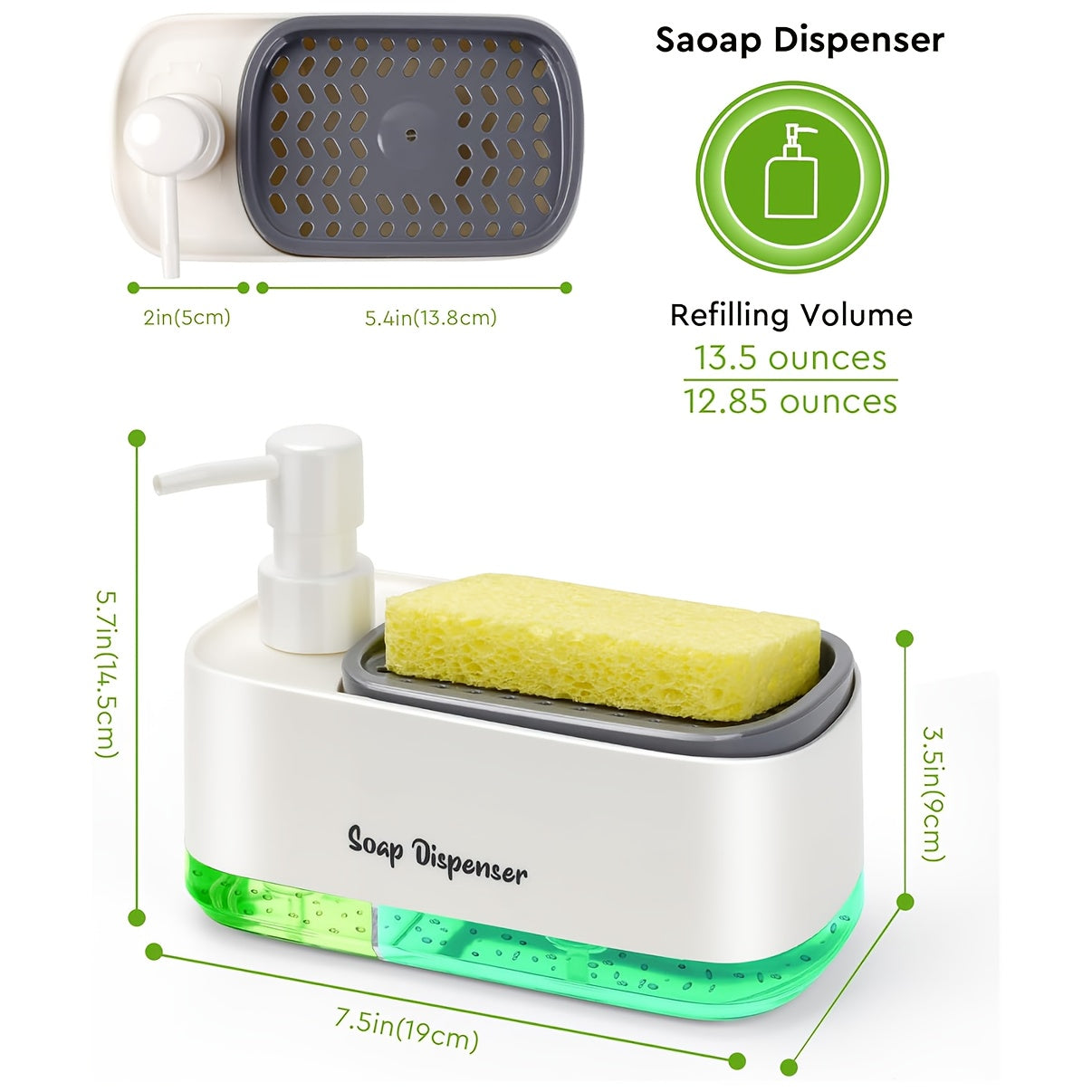 LatherLink | 2-in-1 dispenser voor vloeibare zeep met sponshouder
