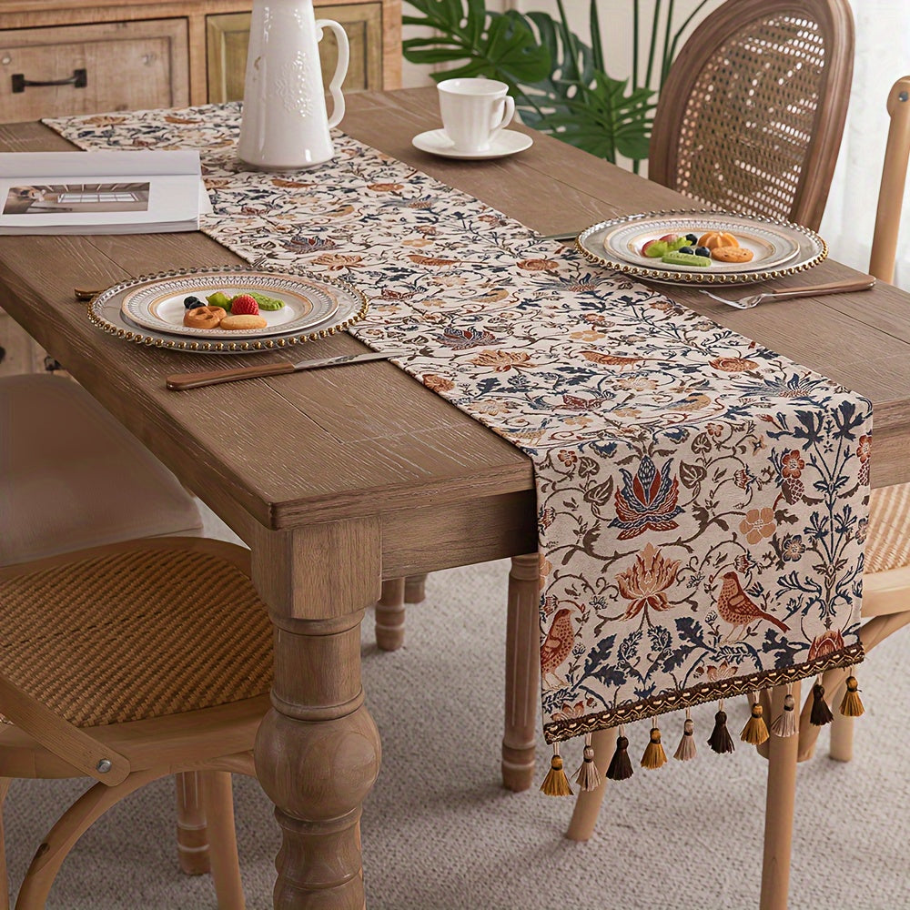 FloralVista | Vintage tafelloper met kwastjes - rustiek landelijk decoratief tafelkleed