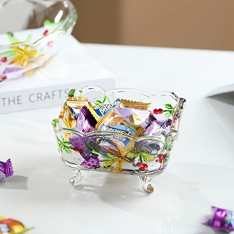 FloraBowl | Handgemaakte Vintage Glazen Snoepkom – Bloemmotief, Decoratief Voorjaarsbakje