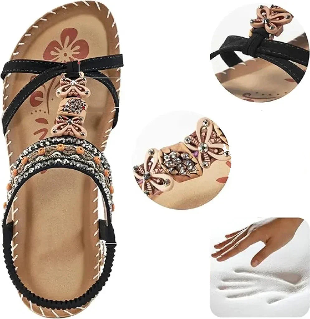 BohoStride | Dames Orthopedische Platte Sandalen – Stijlvolle Boho Leren Slip-On