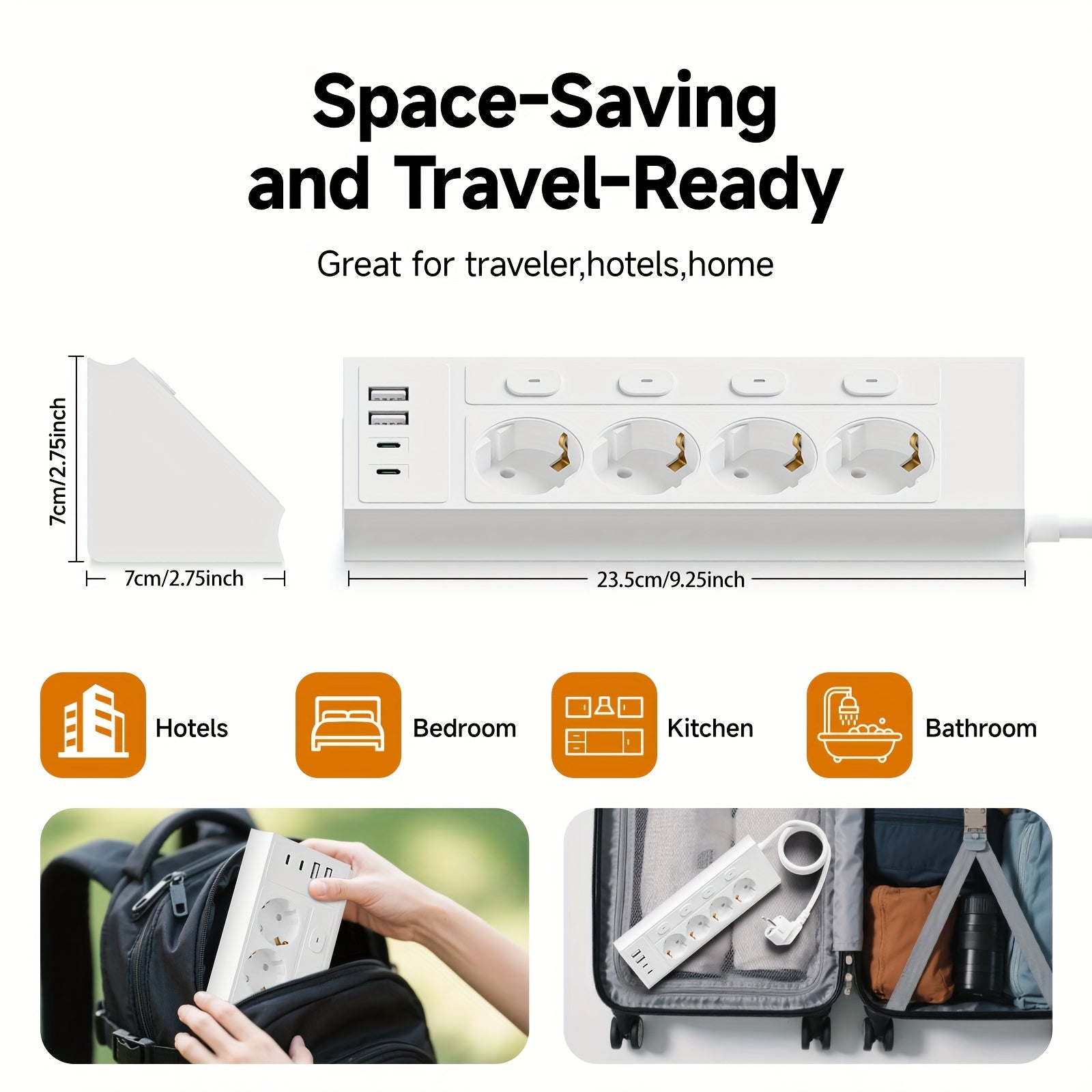 MultiPlug | 8-in-1 EU Stekkerdoos – 4 AC Stopcontacten, 2 USB-C Poorten, 1,5m Verlengsnoer