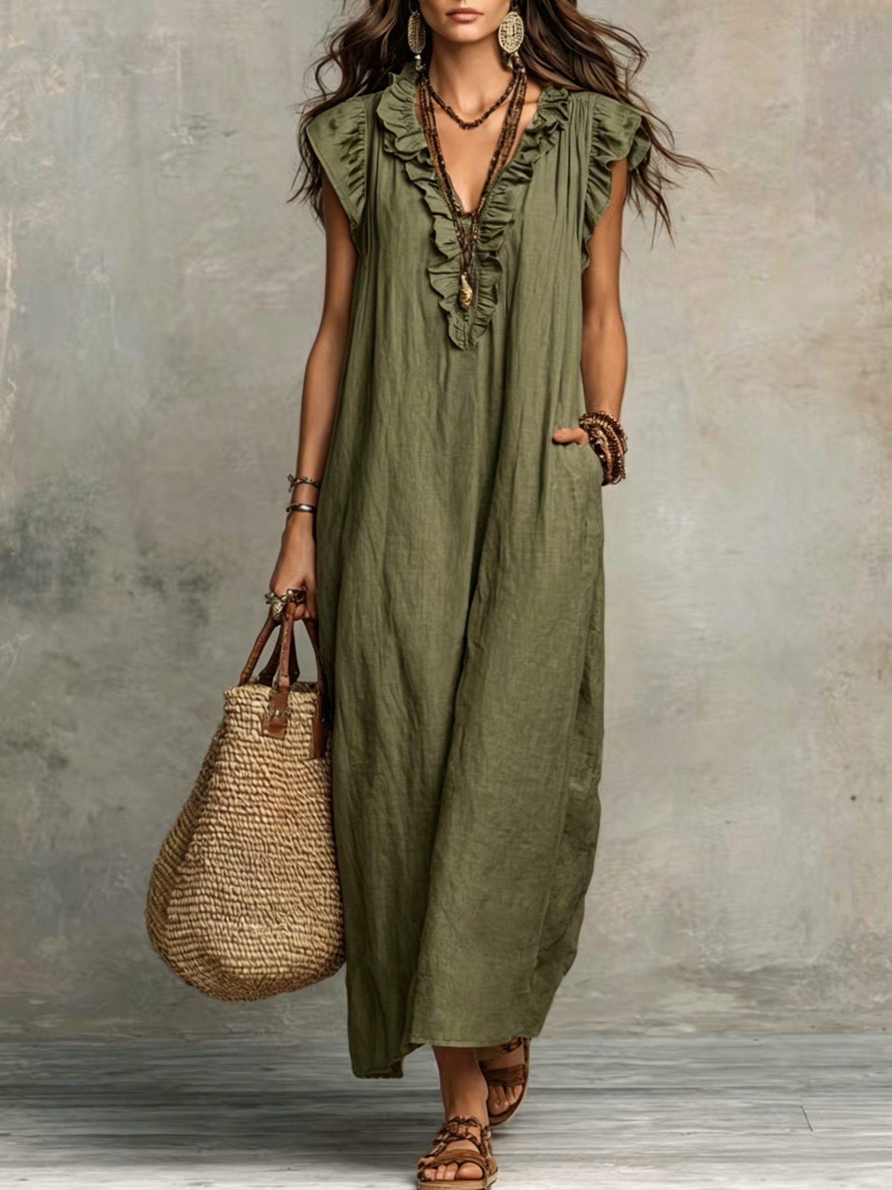 Jyra | Casual-elegante jurk voor dames – Lange, zwierige zomerjurk in boho-stijl met V-hals