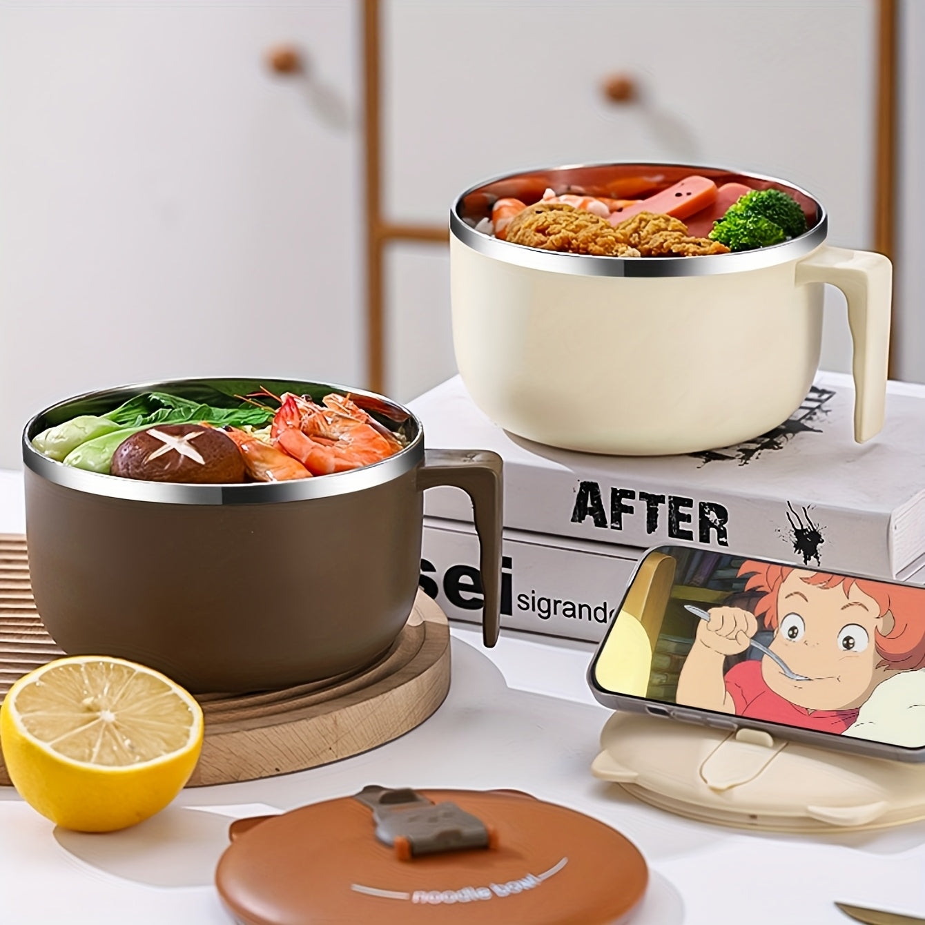 Bowluxe | 1300 ml roestvrijstalen noedelkom met deksel – geïsoleerde soep- en voedselcontainer