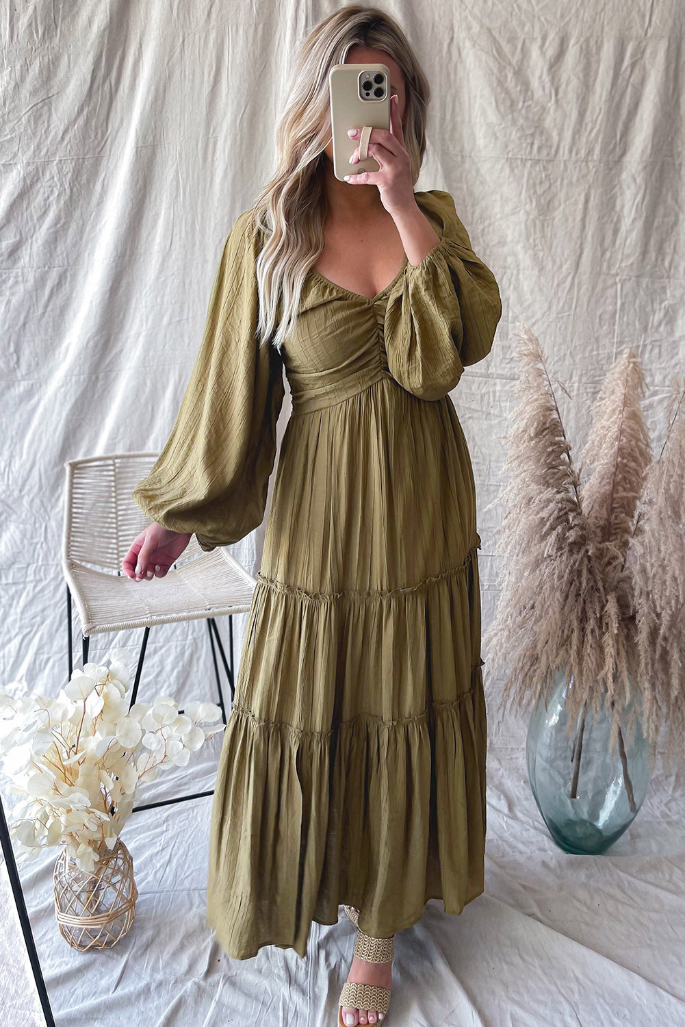 Sinae | Dames V-hals Maxi Jurk met Cut-Out – Boho Avondjurk met Strikdetail en Franjes