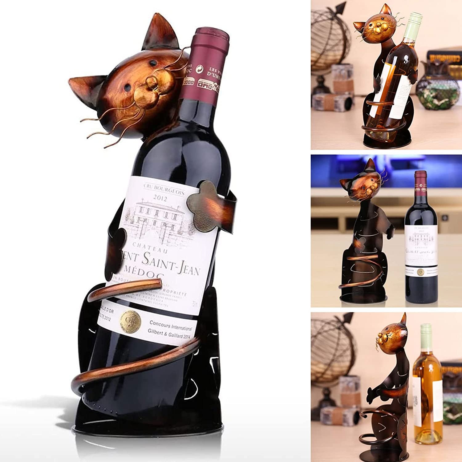VinoPurr | Knuffelende Kat Wijnfleshouder - Schattig Kattendecor voor Keuken, Bar of Tafelblad Presentatie