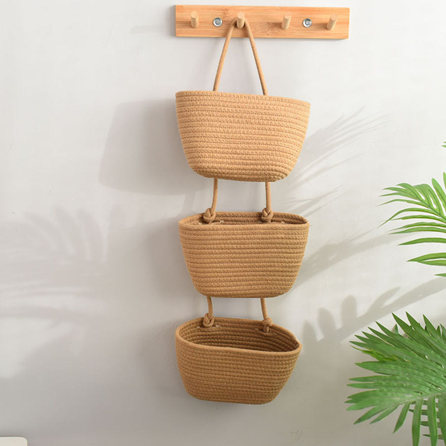 NestTrove | 3-laags katoenen wandopbergmand - Rustieke hangende organizer voor thuis