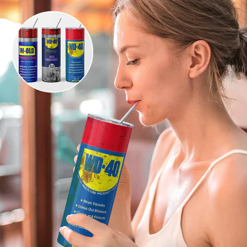 MechMug | Industriële WD-40 geïnspireerde thermosbeker – Robuuste roestvrijstalen reisbeker voor koffie