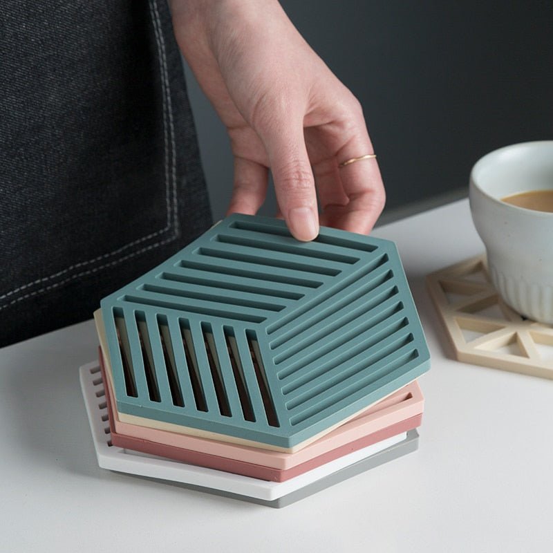 GeoMat | Geometrische pannenonderzetters van silicone (set van 5) - hittebestendig, antislip