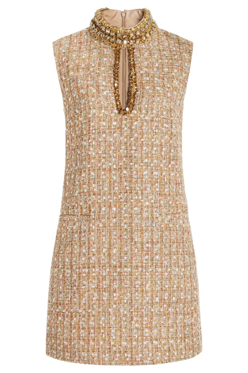 Soria | Mini tweedjurk voor dames – elegante tweed bodycon jurk met versiering