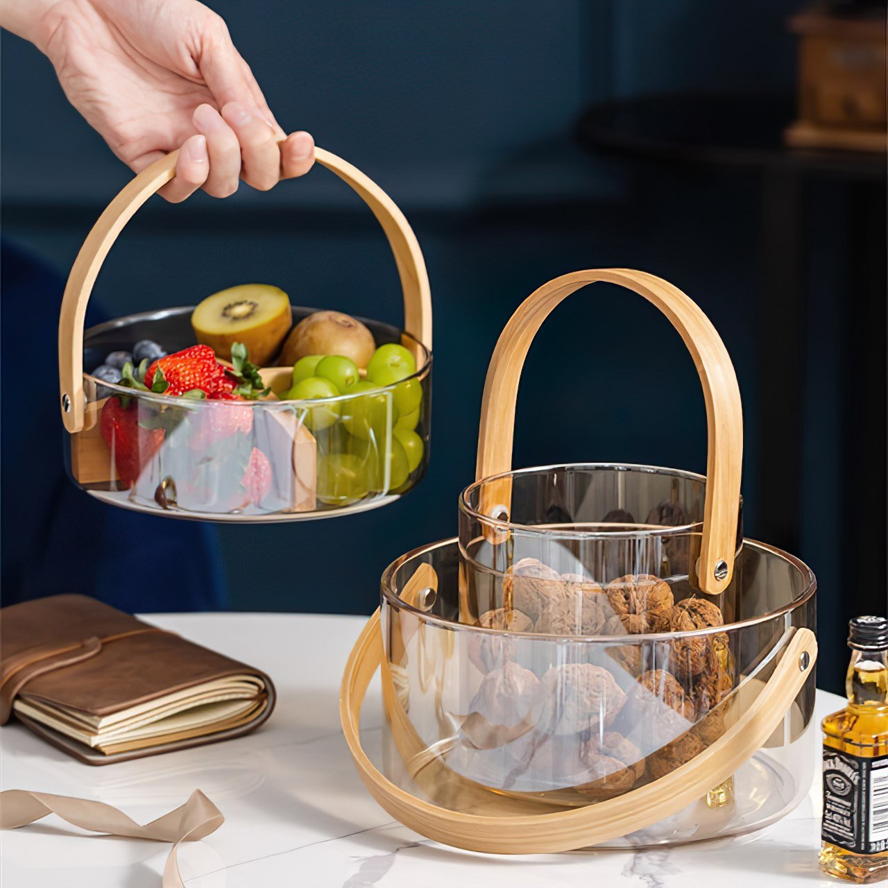 EleganceBasket | Glazen Opbergmanden met Houten Handvatten - Home Décor en Opbergruimtes