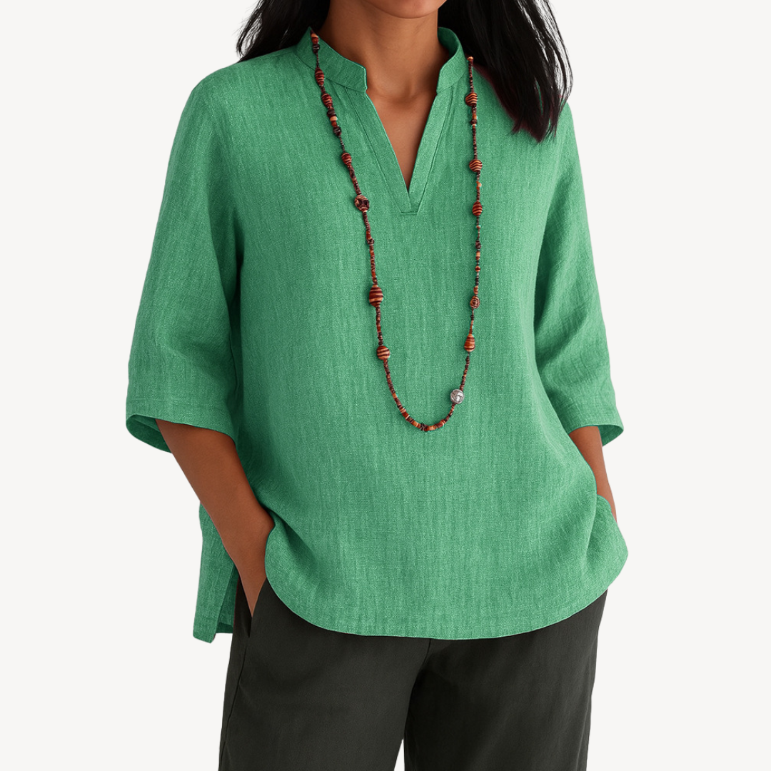 Elyne | Casual Linnen Blouse voor Dames – 3/4 Mouwen, V-hals, Losse Pasvorm, Lichtgewicht Top, Tuniekstijl