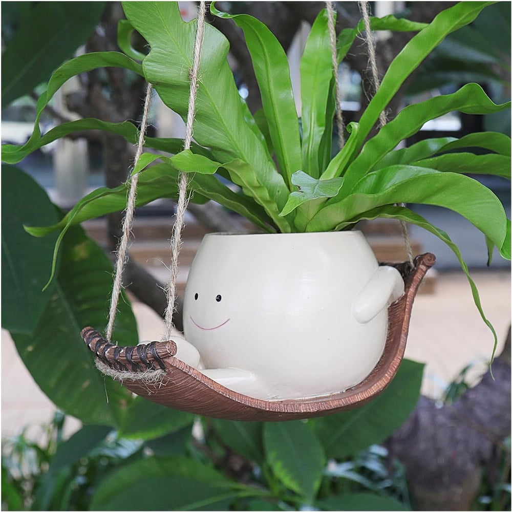 TinySwinger | Mini Glimlachend Gezicht Plantenbakje op Schommelstoel - Grillige Keramische Plantenpot