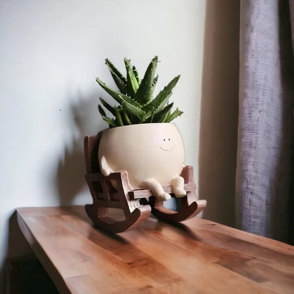 TinySwinger | Mini Glimlachend Gezicht Plantenbakje op Schommelstoel - Grillige Keramische Plantenpot