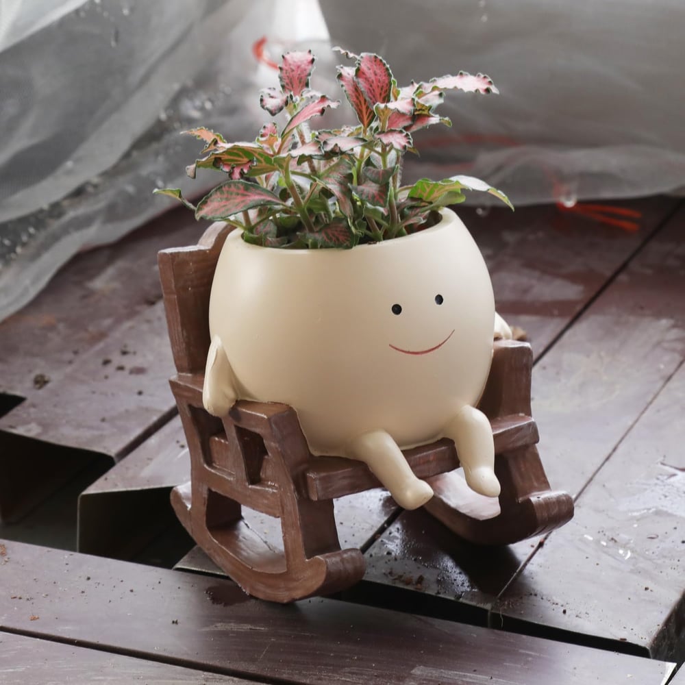 TinySwinger | Mini Glimlachend Gezicht Plantenbakje op Schommelstoel - Grillige Keramische Plantenpot