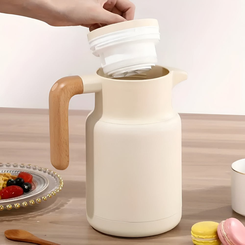 Carafina | Thermische karaf met houten handvat, vacuümgeïsoleerde kan voor warme en koude dranken
