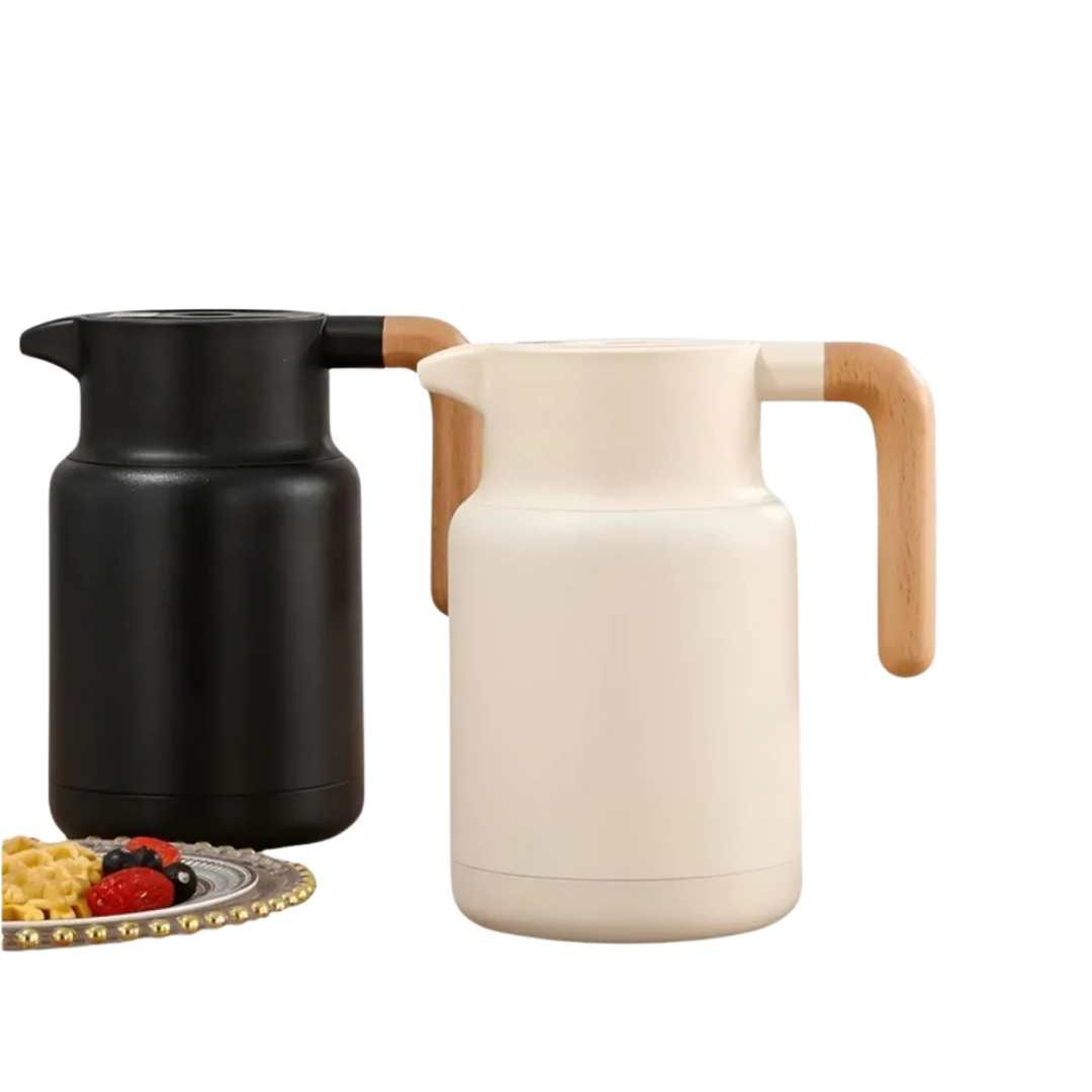Carafina | Thermische karaf met houten handvat, vacuümgeïsoleerde kan voor warme en koude dranken