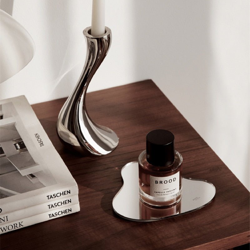 Glimra | Set van spiegelglas onderzetters & decoratieve dienbladen – Modern onregelmatig ontwerp