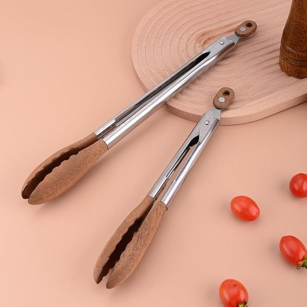 OakGrip | Set van 2 houten en roestvrijstalen keukentangen, ergonomische tangen