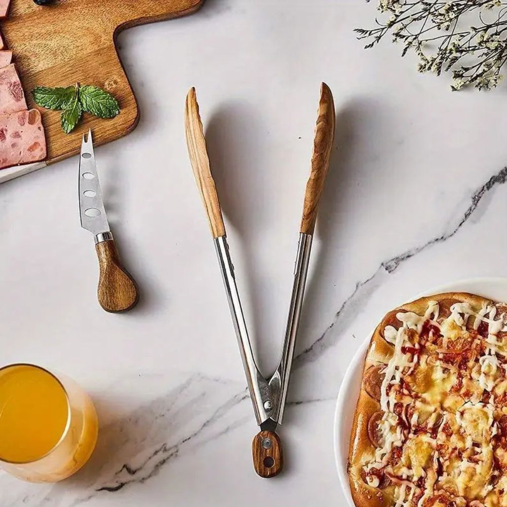 OakGrip | Set van 2 houten en roestvrijstalen keukentangen, ergonomische tangen