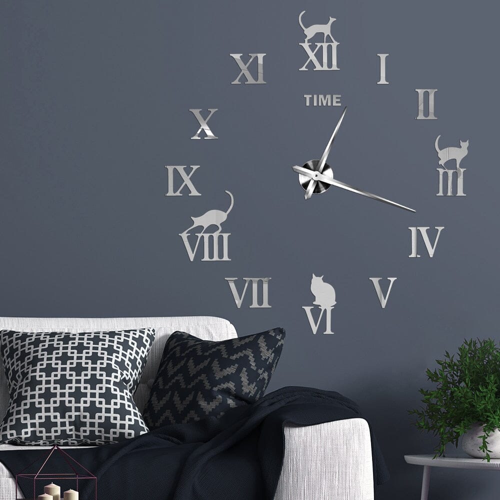 KitClock | 3D-spiegelwandklok met kat, moderne decoratieve wandklok, stil quartzmechanisme