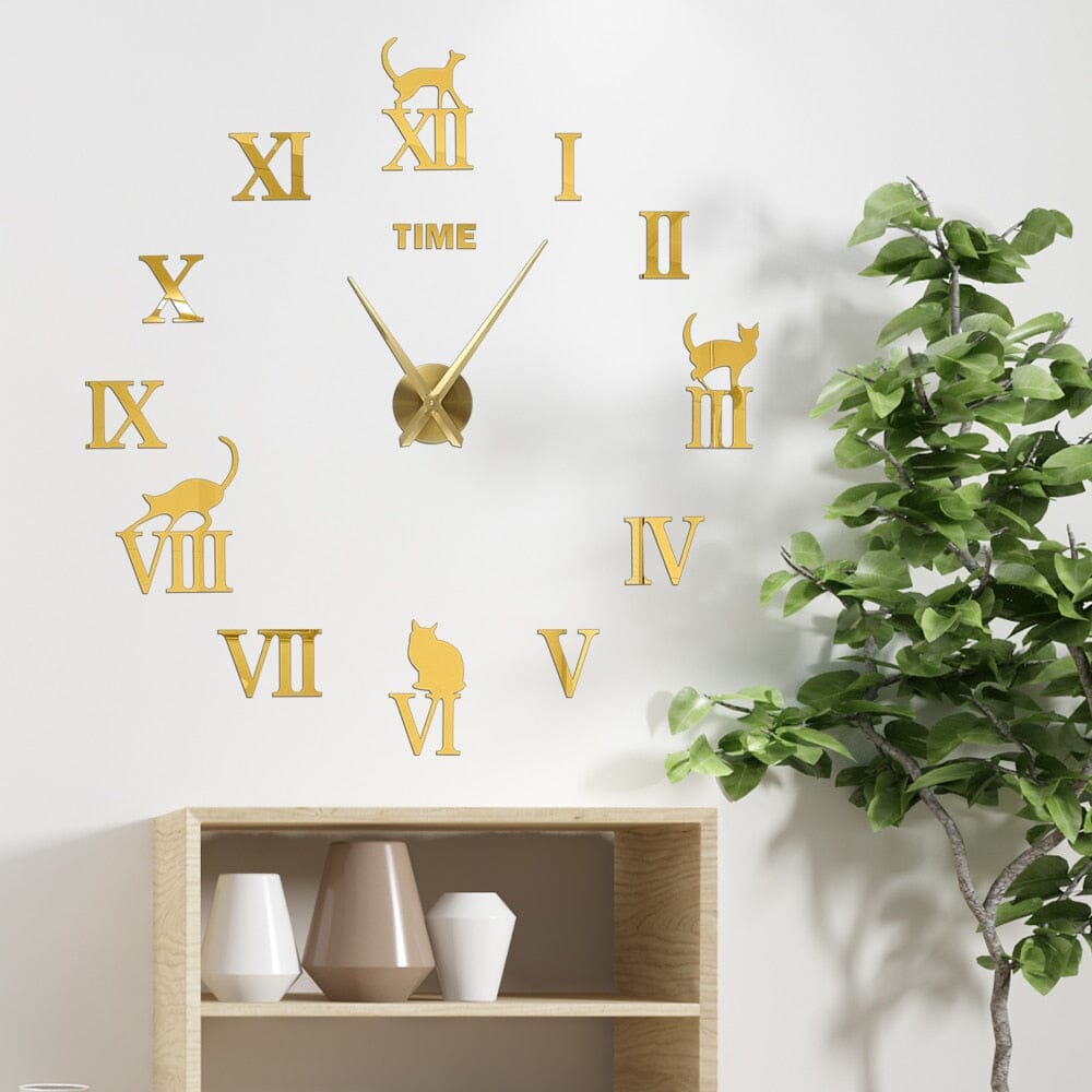 KitClock | 3D-spiegelwandklok met kat, moderne decoratieve wandklok, stil quartzmechanisme
