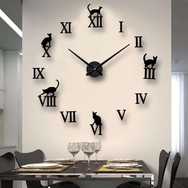 KitClock | 3D-spiegelwandklok met kat, moderne decoratieve wandklok, stil quartzmechanisme