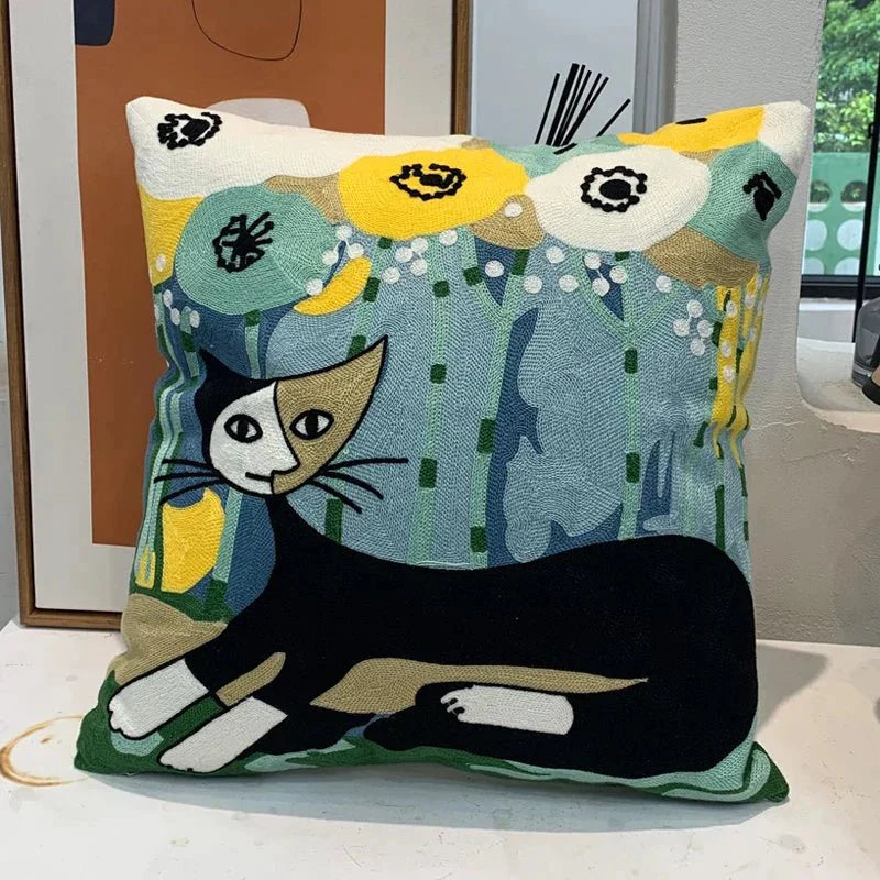 ThreadMuse | Abstract geborduurde kussenhoes, decoratieve kussensloop geïnspireerd door Picasso, zacht katoenen sierkussen voor woonkamer en slaapkamer