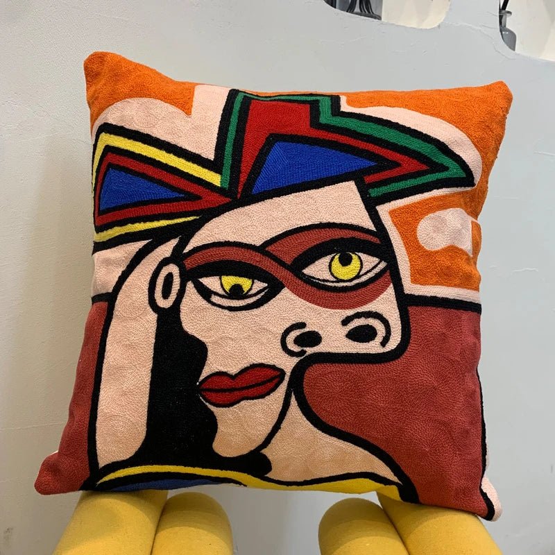 ThreadMuse | Abstract geborduurde kussenhoes, decoratieve kussensloop geïnspireerd door Picasso, zacht katoenen sierkussen voor woonkamer en slaapkamer