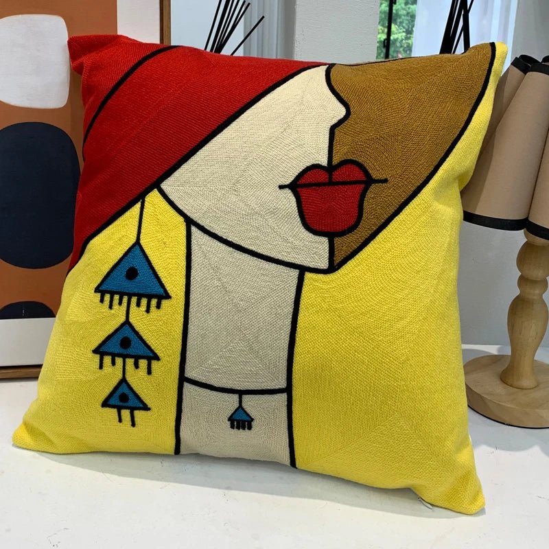 ThreadMuse | Abstract geborduurde kussenhoes, decoratieve kussensloop geïnspireerd door Picasso, zacht katoenen sierkussen voor woonkamer en slaapkamer
